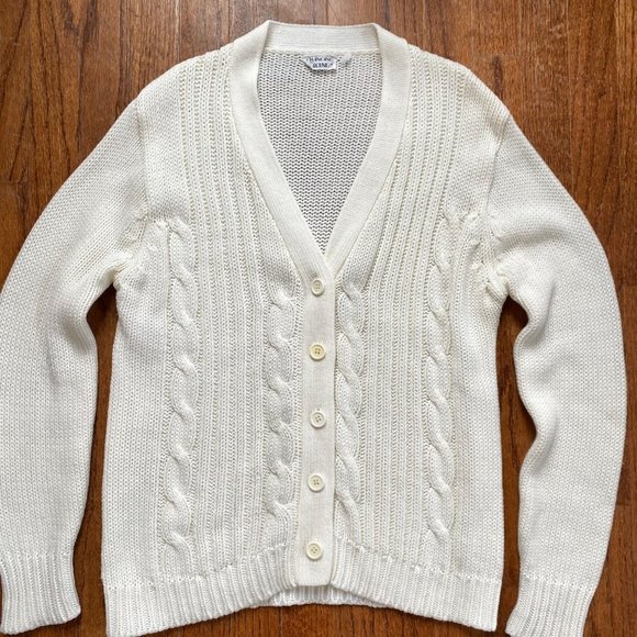 Vintage Women Cardigan Sweater Size Large Ivory Cableknit Varsity Boho 90s - Picture 6 of 13